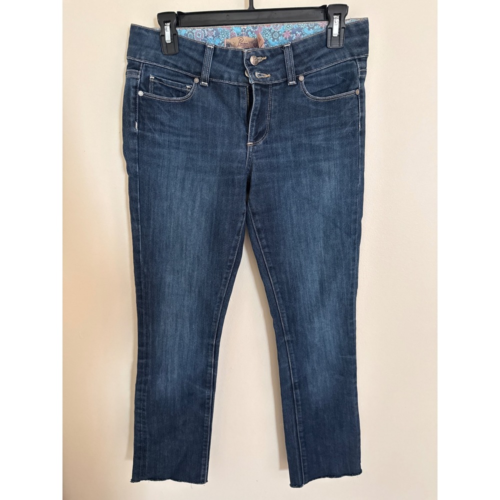 Paige Hidden Hills Straight Leg Jeans Dark Wash Raw Hem Double Button Size 27